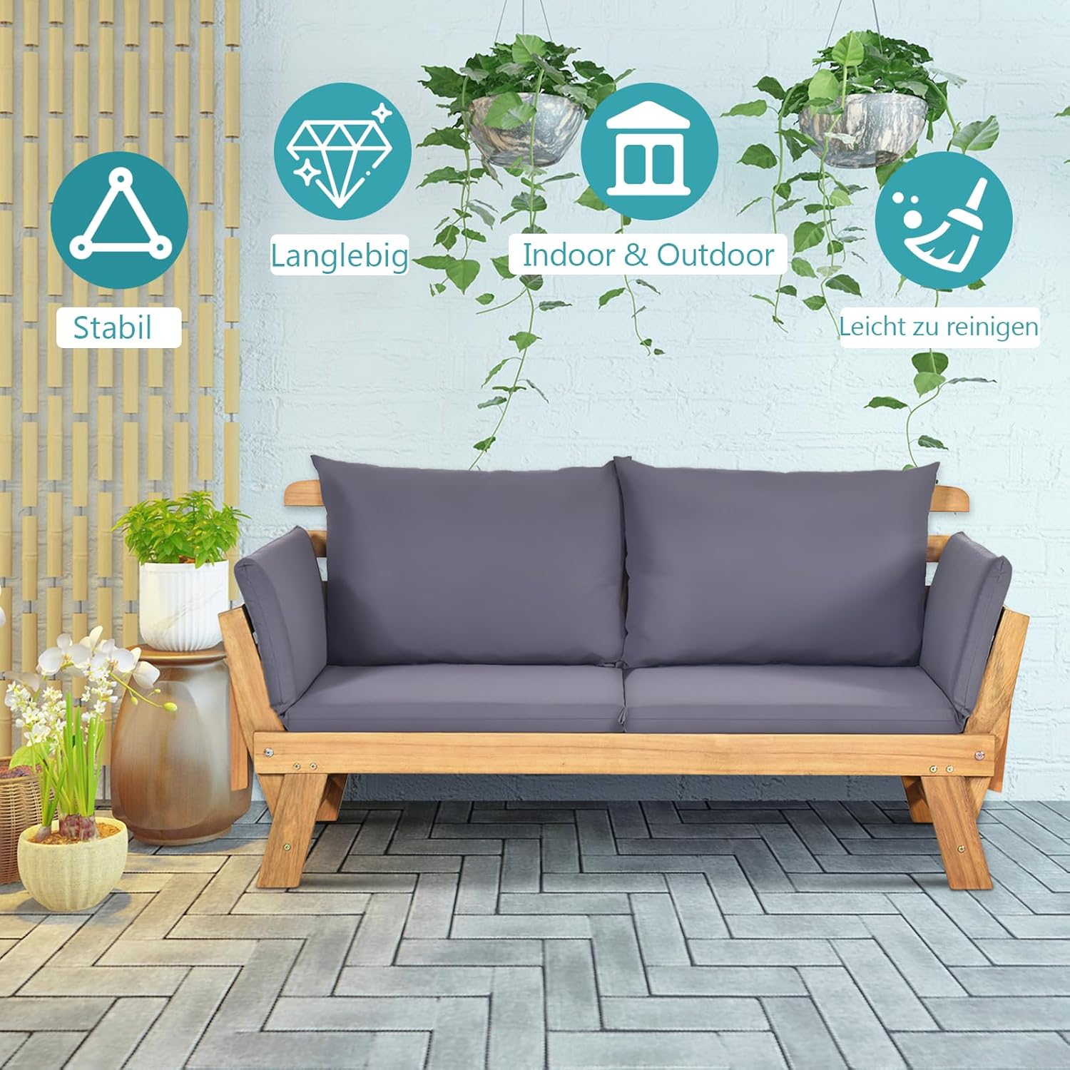 GOPLUS Gartenbank Holz, Gartensofa mit Liegefunktion, 2-3 Sitzer Holzbank mit klappbaren Seitenlehnen, inkl. Auflage, Balkonbank, Sitzbank Outdoor für Garten, Terrasse, Balkon, 157 x 75 x 75cm (Grau)