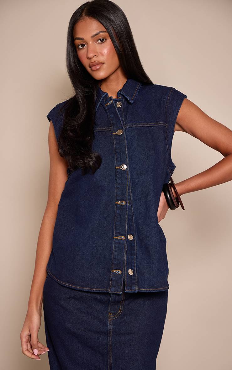 Bleu Indigo Haut En Jean Sans Manches À Épaules Tombantes Avec Boutonnage Pour Femmes Grandes Tailles