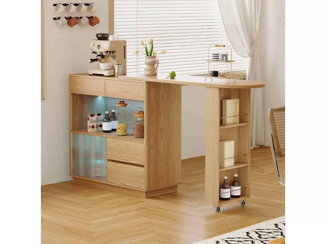 Bureau d'angle avec armoire de rangements - Plateau de table rotatif et rétractable- avec LED - Naturel