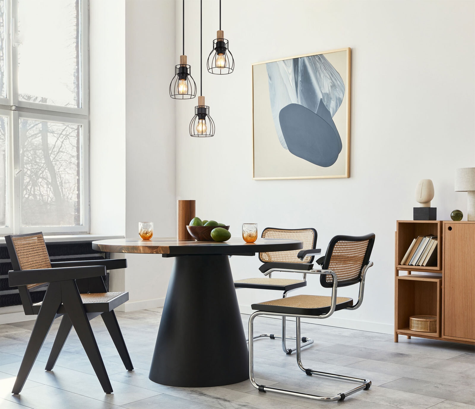 GLOBO Retrofit Pendelleuchte MINA II 3-flg schwarz /Holz naturfarbig
