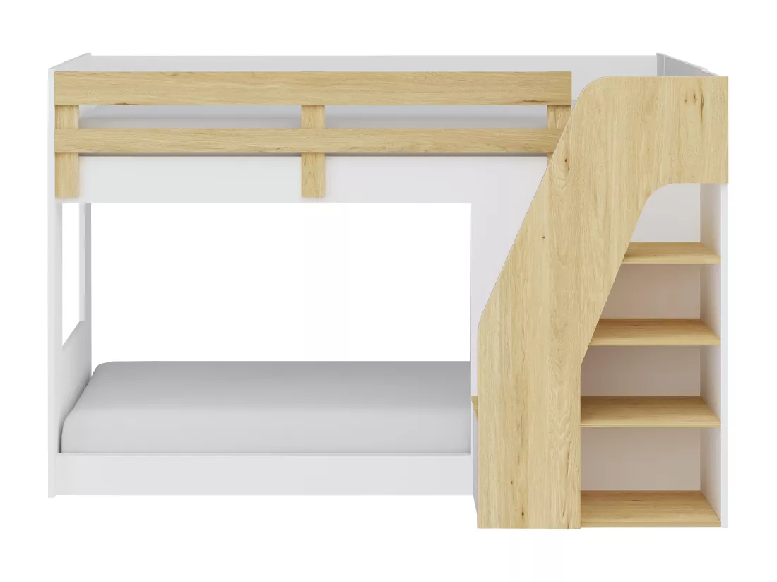 Lit superposé 90 x 190 cm - Avec rangements - Coloris : Blanc et naturel - NAROJAS