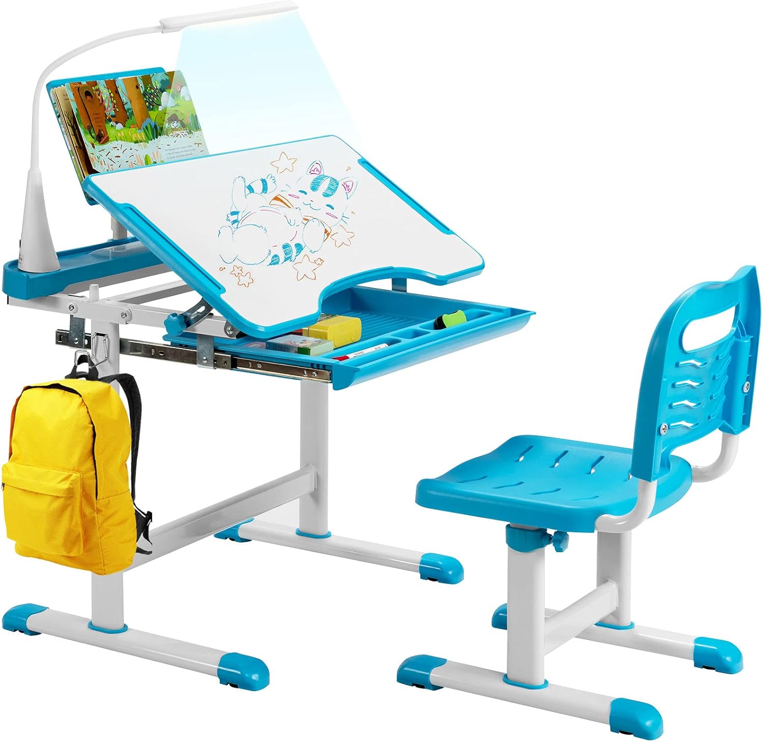 COSTWAY Kinderschreibtisch Set mit Bücherständer & LED-Licht, höhenverstellbarer Kindertisch und Stuhl mit gekippter Tischplatte & Schublade, Kinder Schreibtisch für Jungs & Mädchen (Blau)