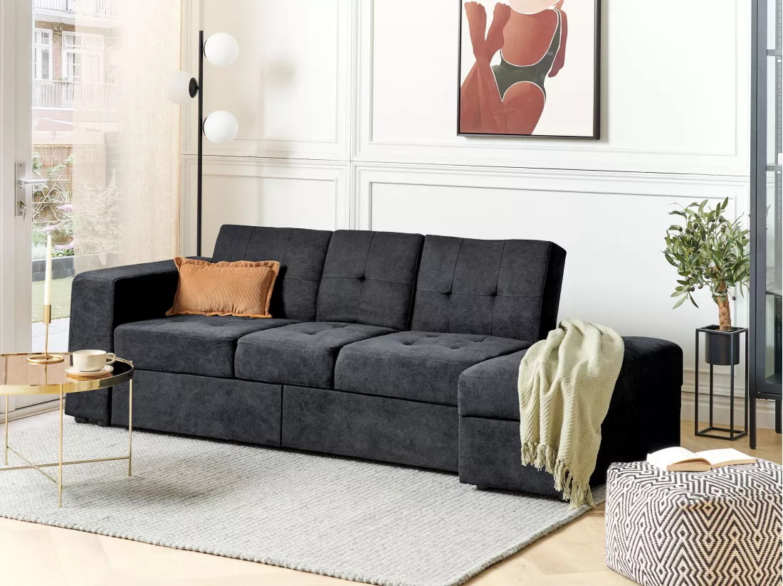 Canapé-lit modulable avec pouf noir FALSTER