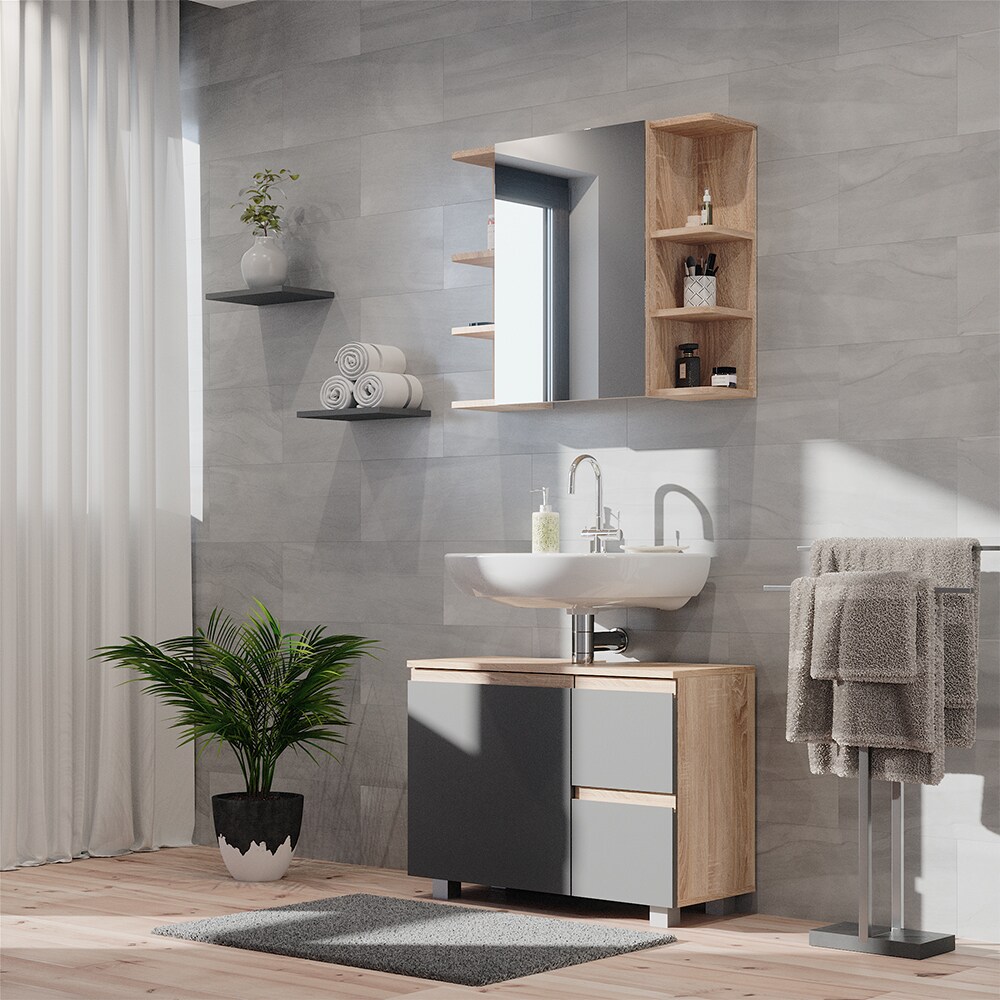 Vicco Badmöbelset J-shape Sonoma Anthrazit modern Badezimmer Schrank Badschrank Waschtischunterschrank Spiegelschrank Schranktür Schrankschublade Aufbewahrung