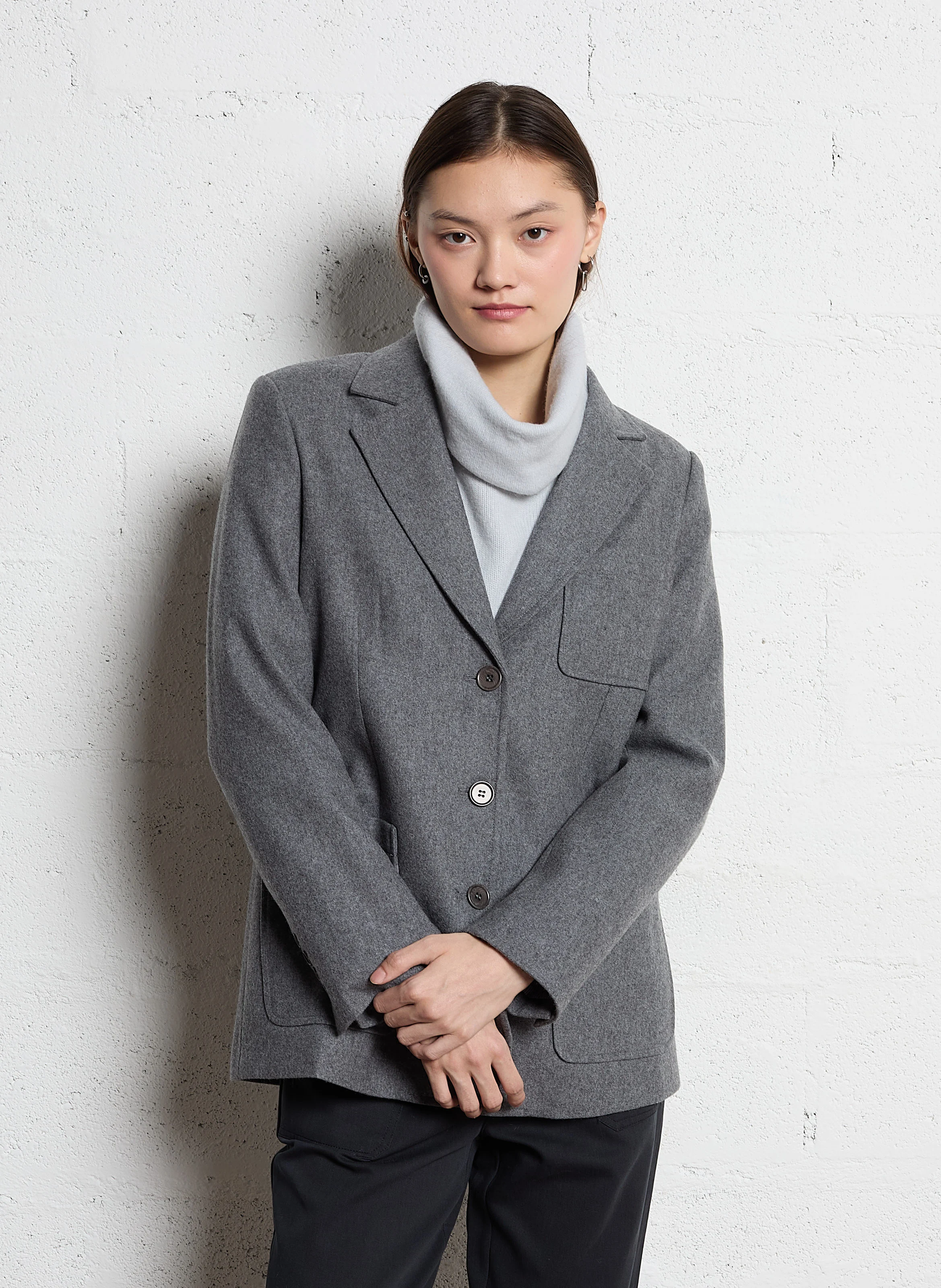 LALI - Veste droite col tailleur en flanelle de laine et soie | Gris