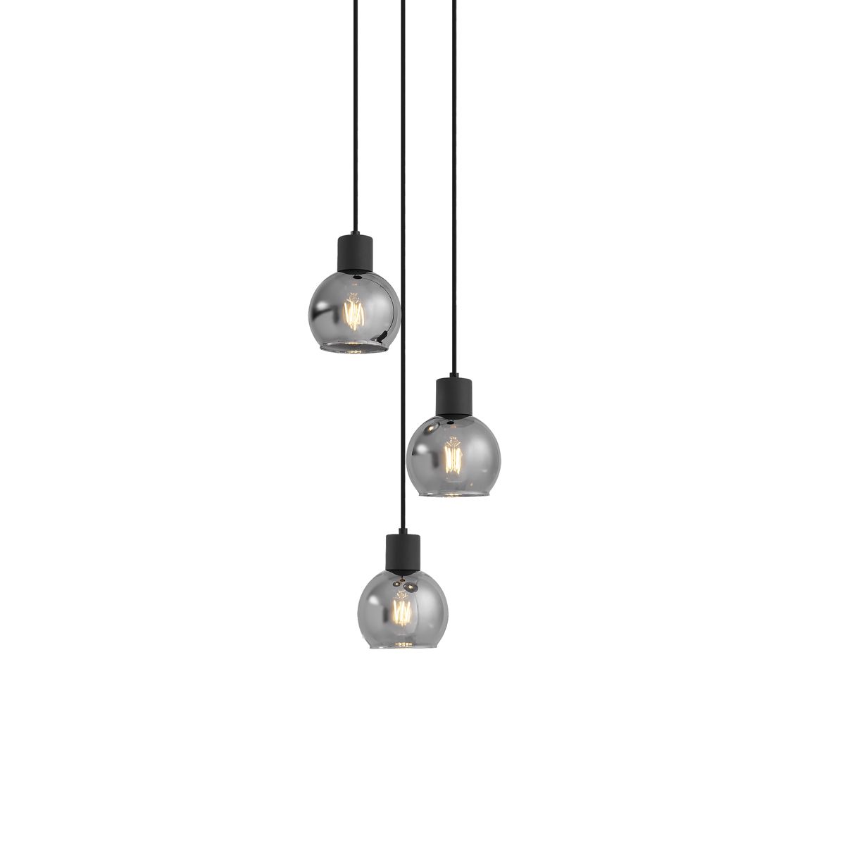 Art Deco hanglamp zwart met smoke glas rond 3-lichts - Vidro