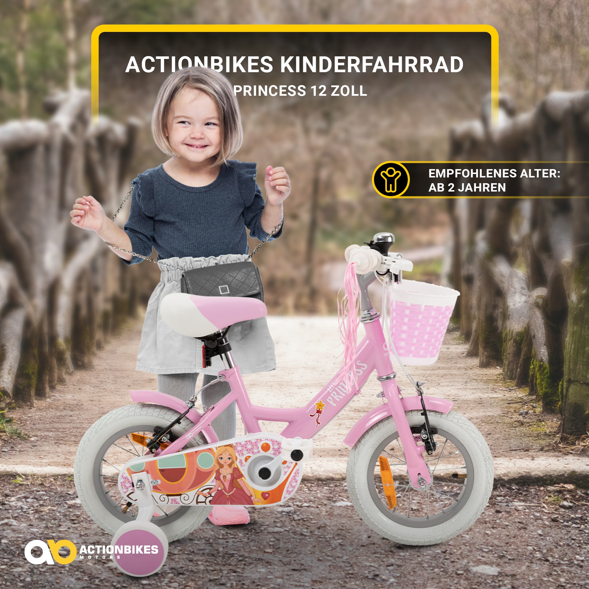 Actionbikes Kinderfahrrad Princess, 12 Zoll, rosa, V-Brake-Bremsen, Prinzessinnen-Design, Stützräder