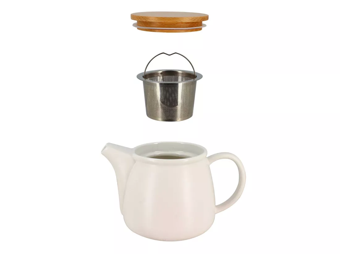 Ogo Living - Theiere Mona 1000ml En Porcelaine Blanche Et Couvercle Bois