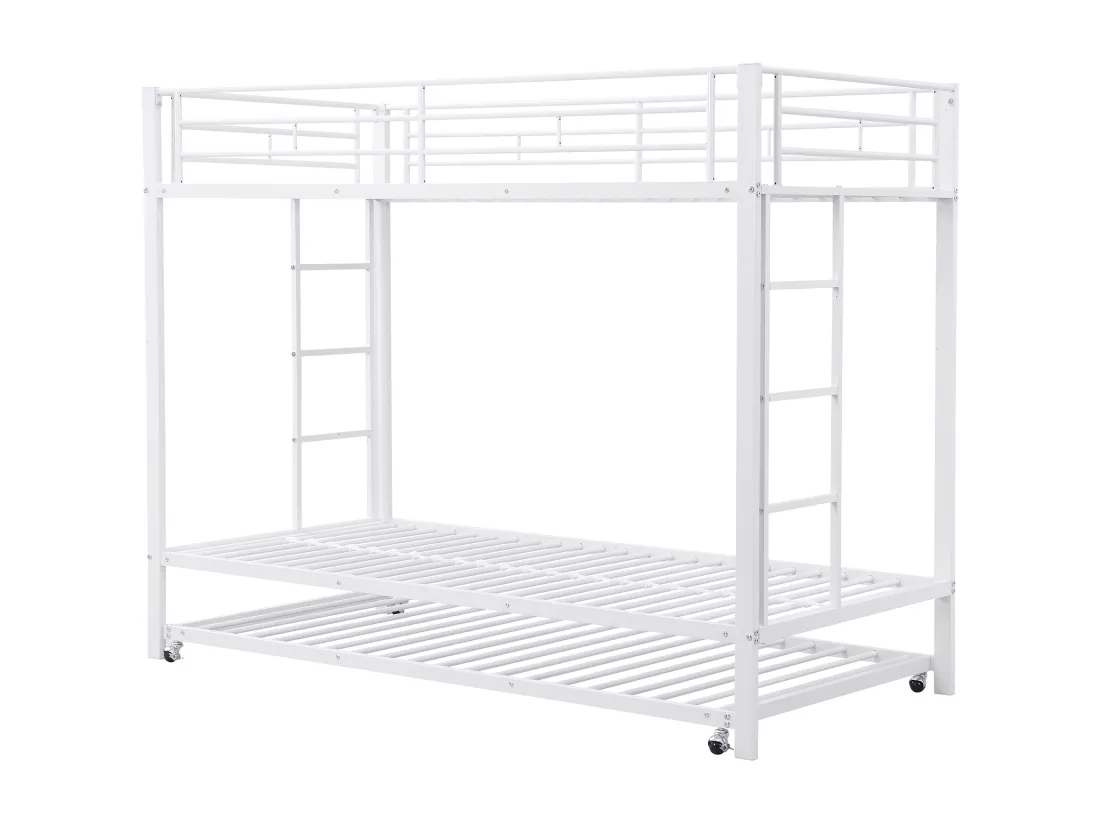 90*200 cm Lit superposé, lit en fer, lit pour enfant, équipé d'un lit escamotable, garde-corps hauts, structure robuste, blanc