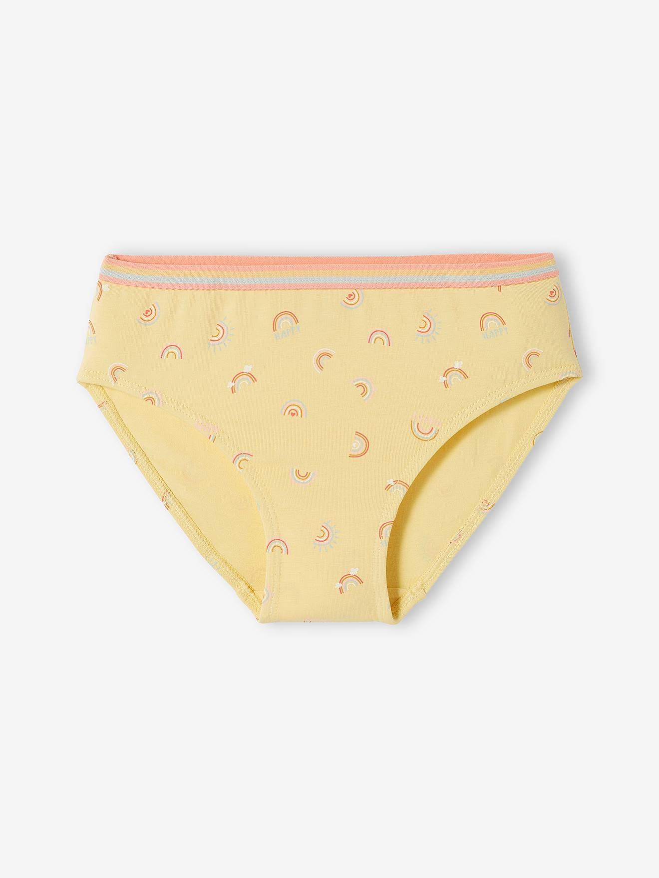 Pacote com 5 calcinhas unicórnio, tamanho médio infantil, lisinhas, violeta com estampas.
