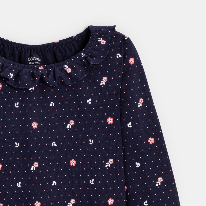 Tee-shirt fleuri col à volants bleu bébé fille