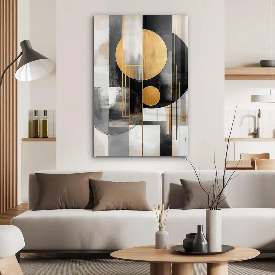 MuchoWow Glasschilderij 60x90cm Abstract Goud Zilver Vormen