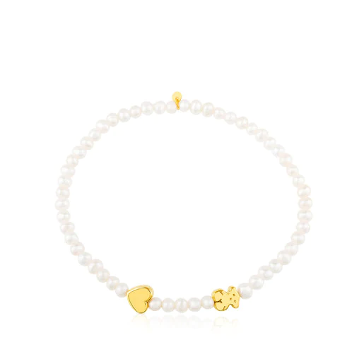 Pulseira Sweet Dolls XXS em ouro e pérolas cultivadas com motivos de urso e coração.