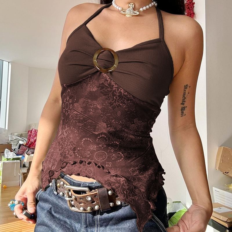 Honet - Haltertop met metalen ringpatroonprint, open rug en crop top