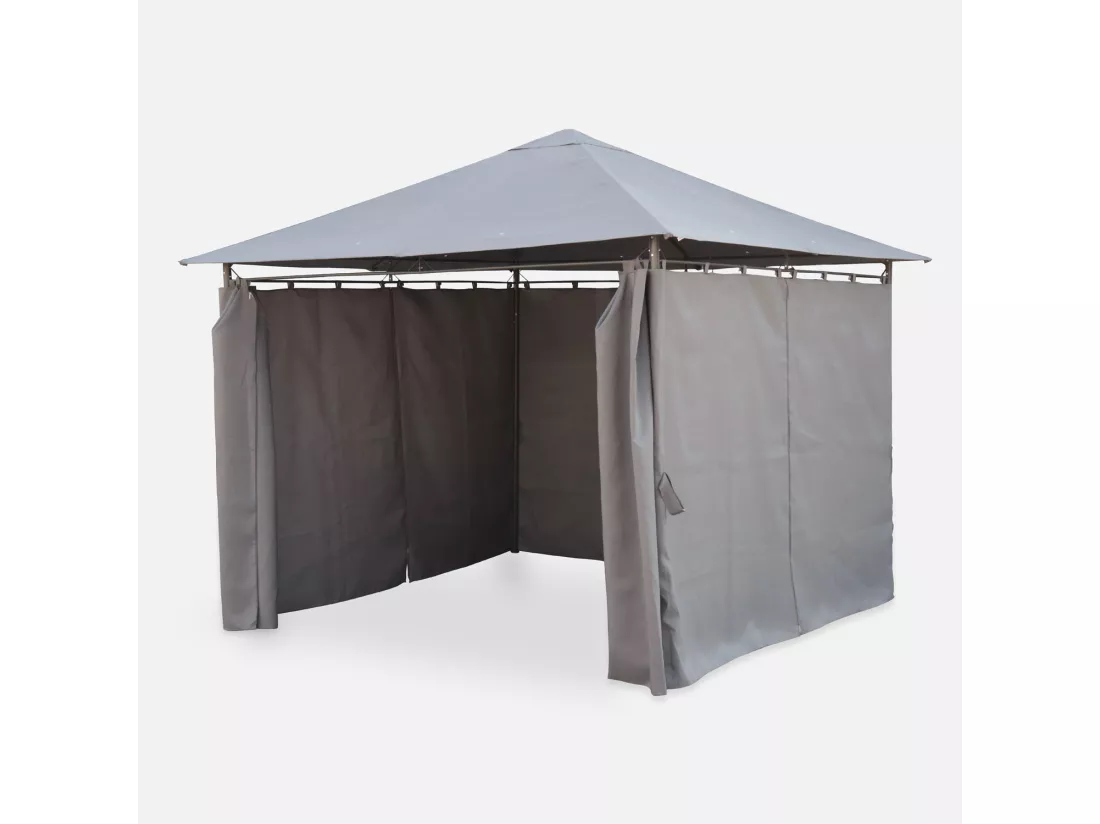 Tonnelle 3x3 m - Elusa - Toile grise - Pergola avec rideaux. tente de jardin. barnum. chapiteau. réception