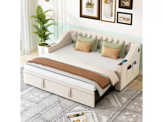 Lit gigogne 90/180x190 accoudoirs plus larges et plus épais avec port de chargement USB avec poches de rangement Velours Beige