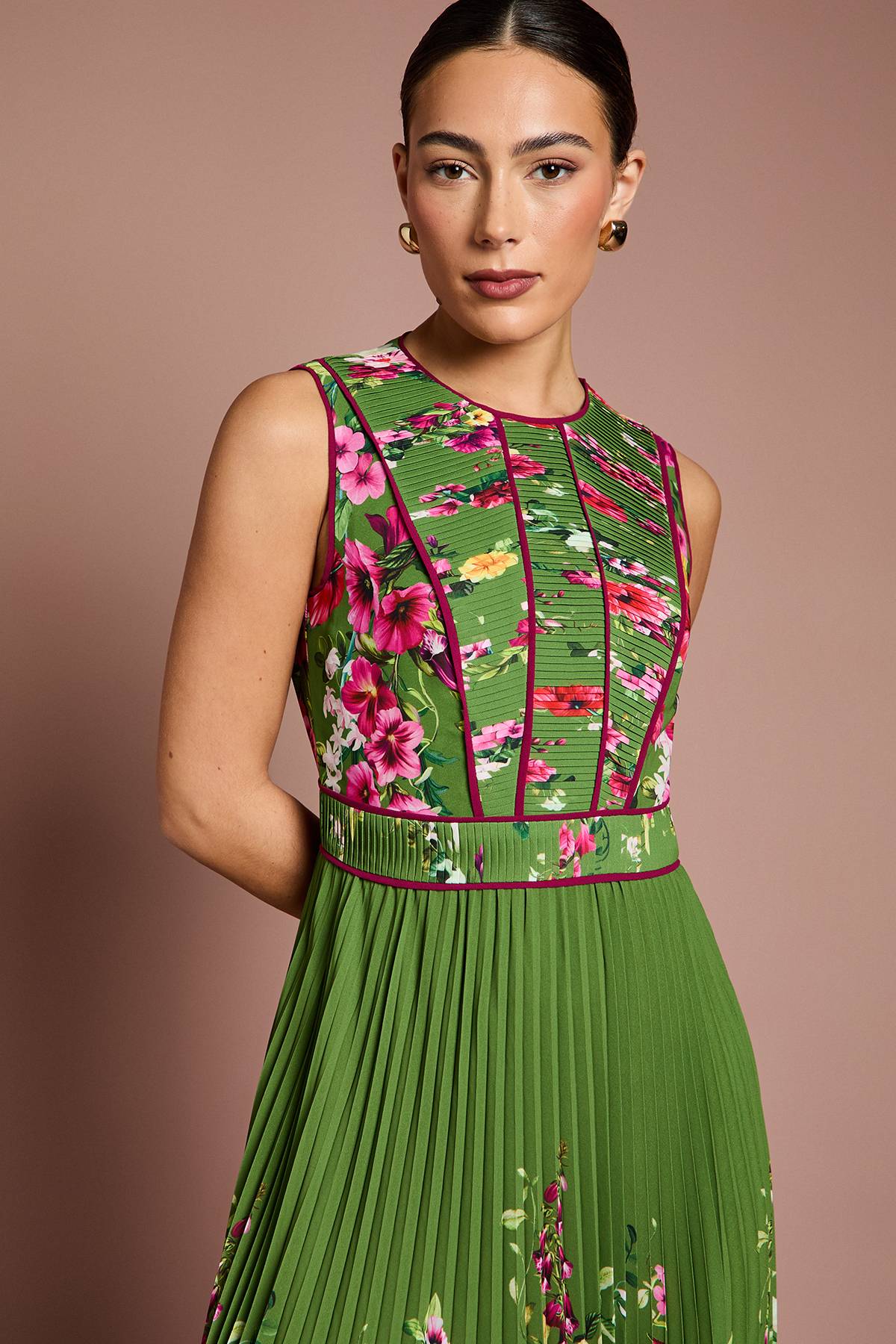 Coast Robe Midi Imprimée Lisa Tan à Corsage Plissé et Passepoilé