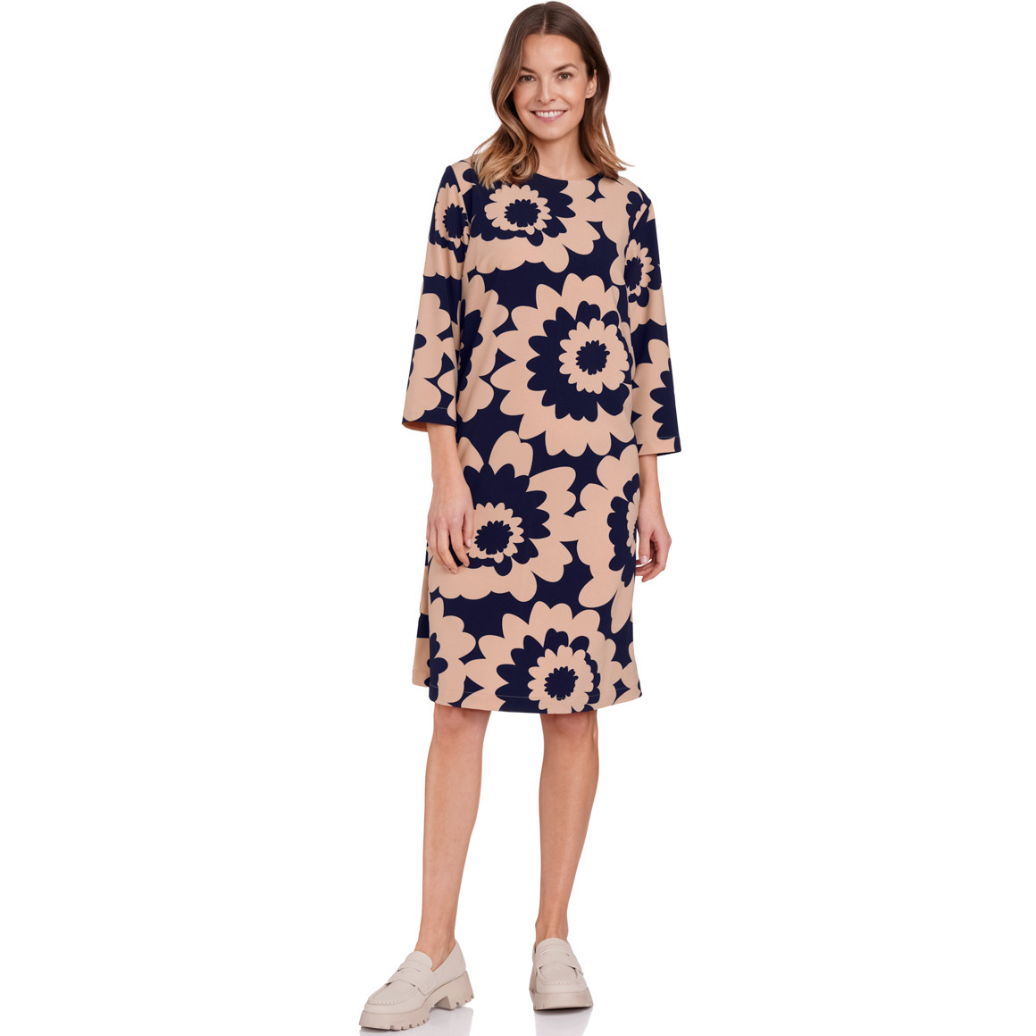 Gina Benott Damen Kleid mit Blumen-Allover beige / dunkelblau