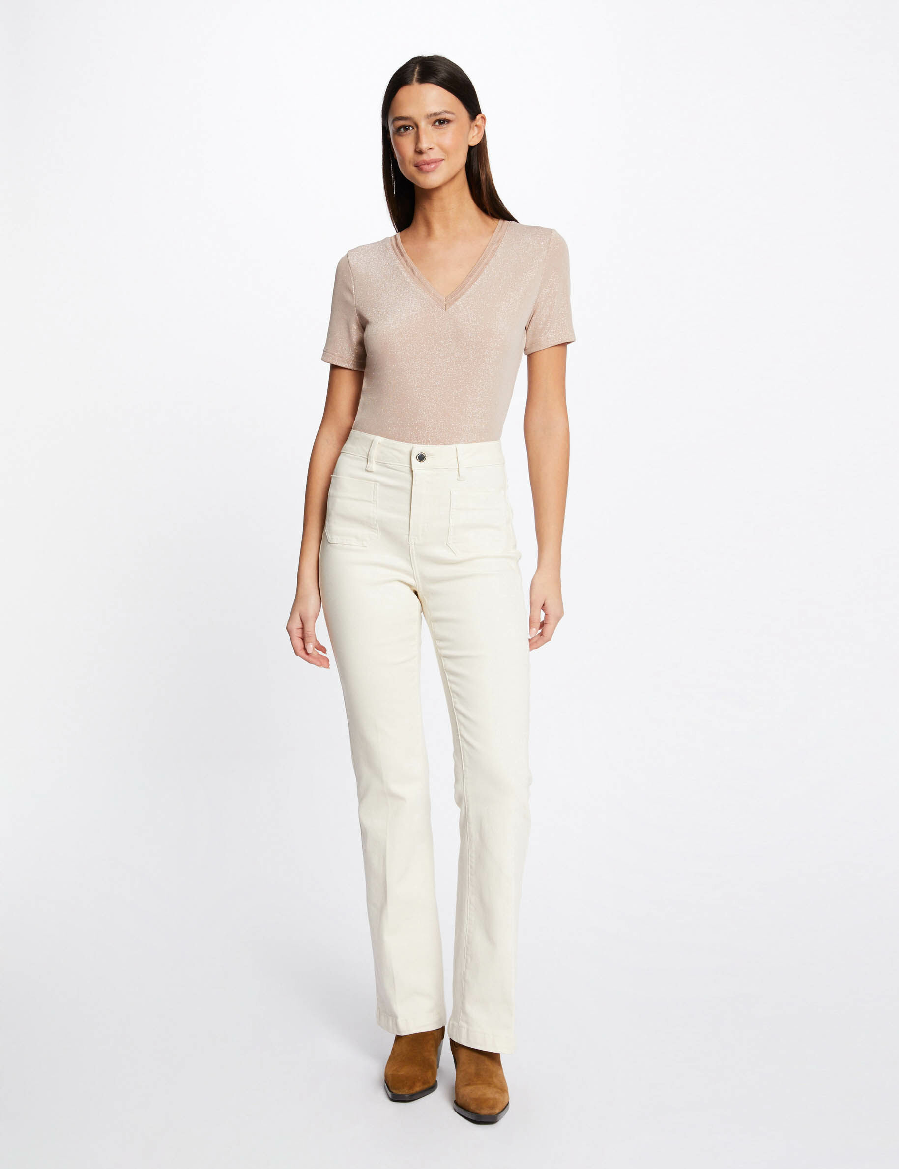 T-shirt manches courtes avec col en V rose femme - rose