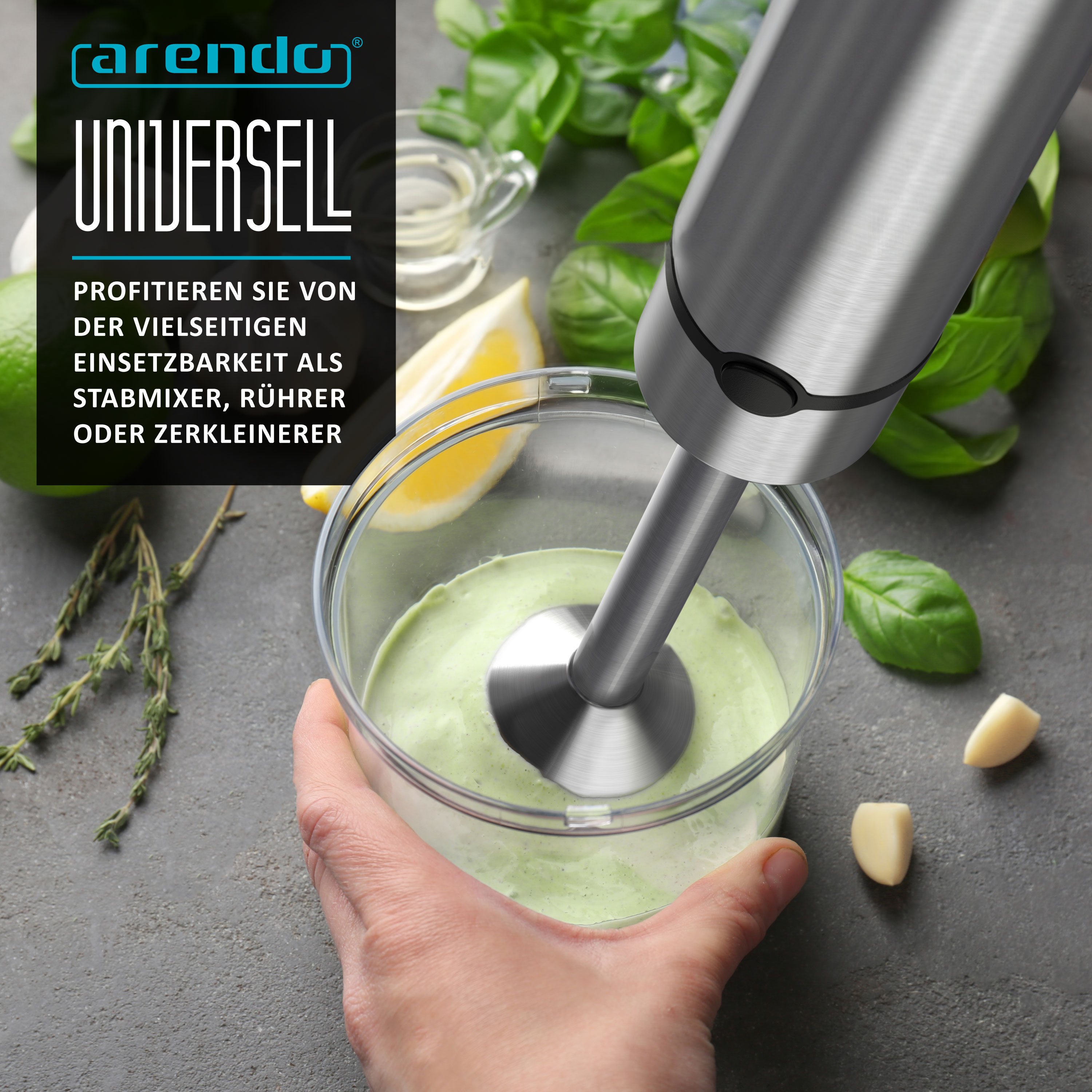 Arendo Stabmixer Edelstahl, elektrischer Pürierstab 1500 Watt, stufenlose Geschwindigkeit, Turbotaste, Rührstab für Babynahrung, Suppe, Smoothie