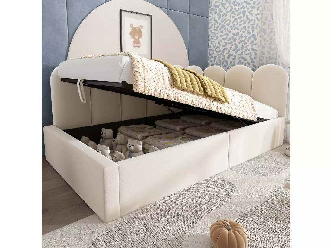 Lit banquette avec rangement - tissu en velours - 90x200 cm - avec sommier à lattes - Beige