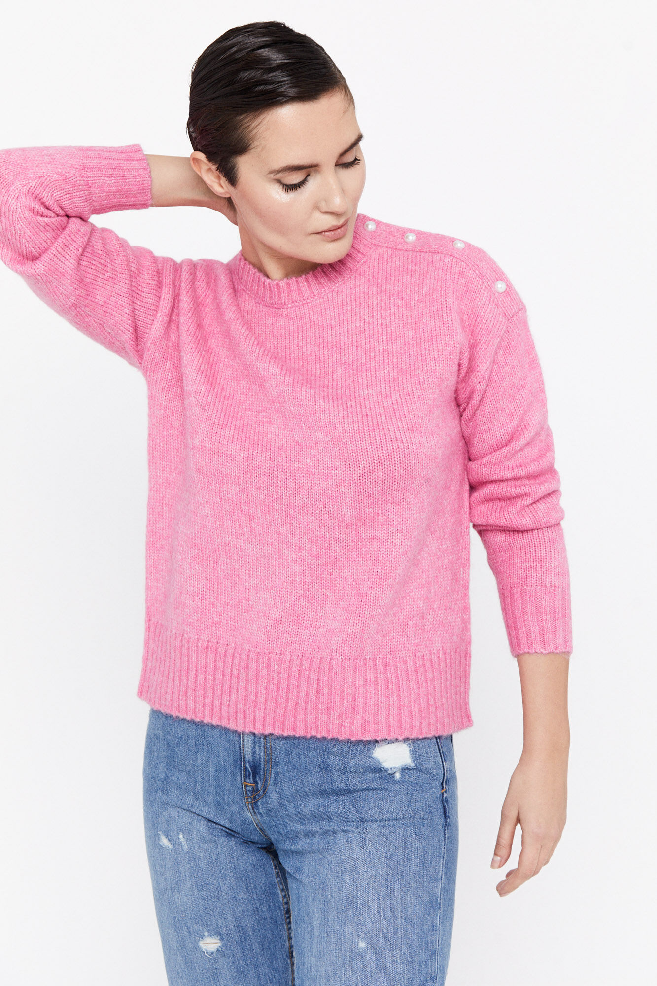 Camisa de malha com botões de pérola - Rosa