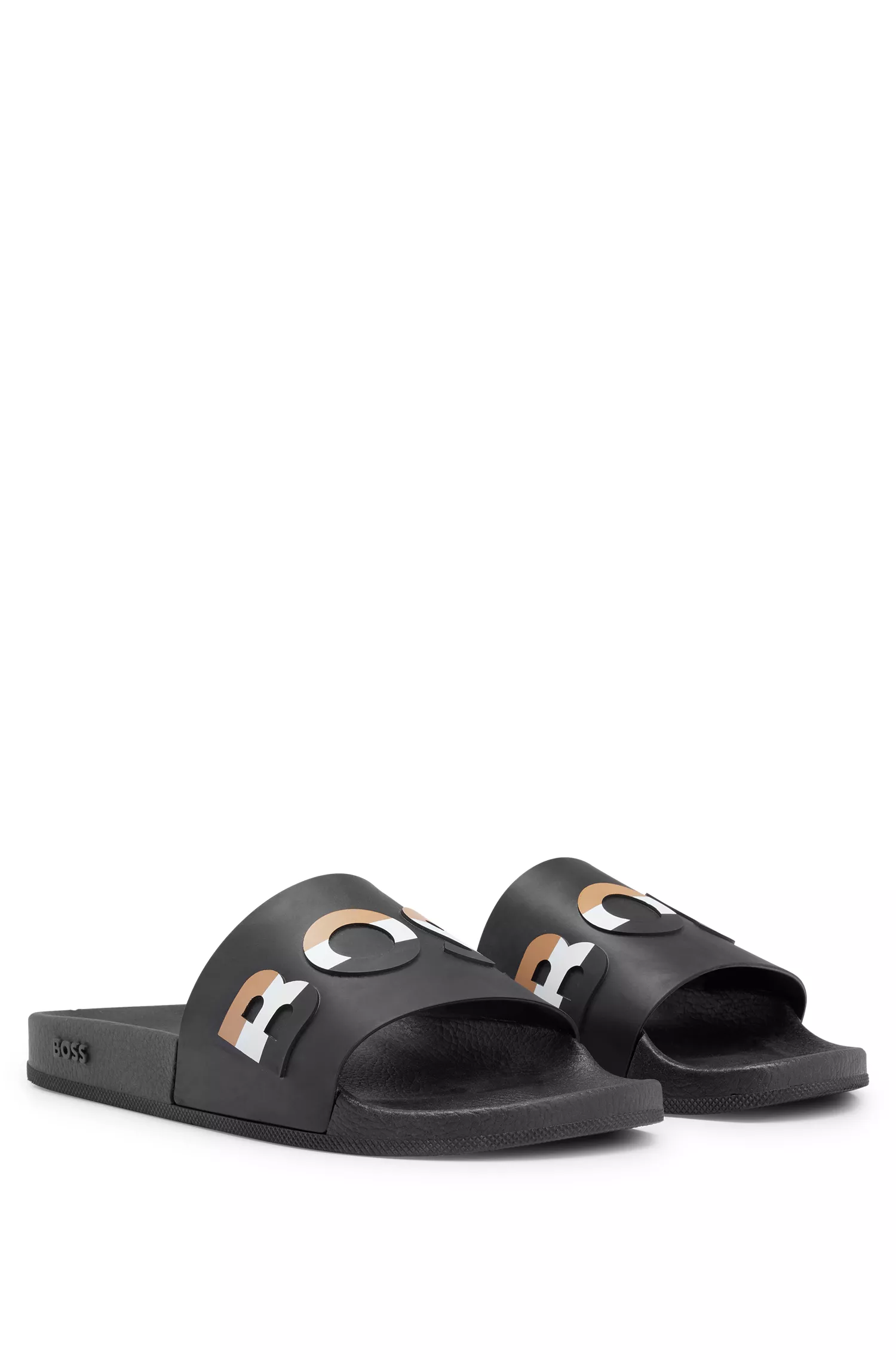 Chinelo BOSS em PVC preto com logo listrado característico e palmilha anatômica.