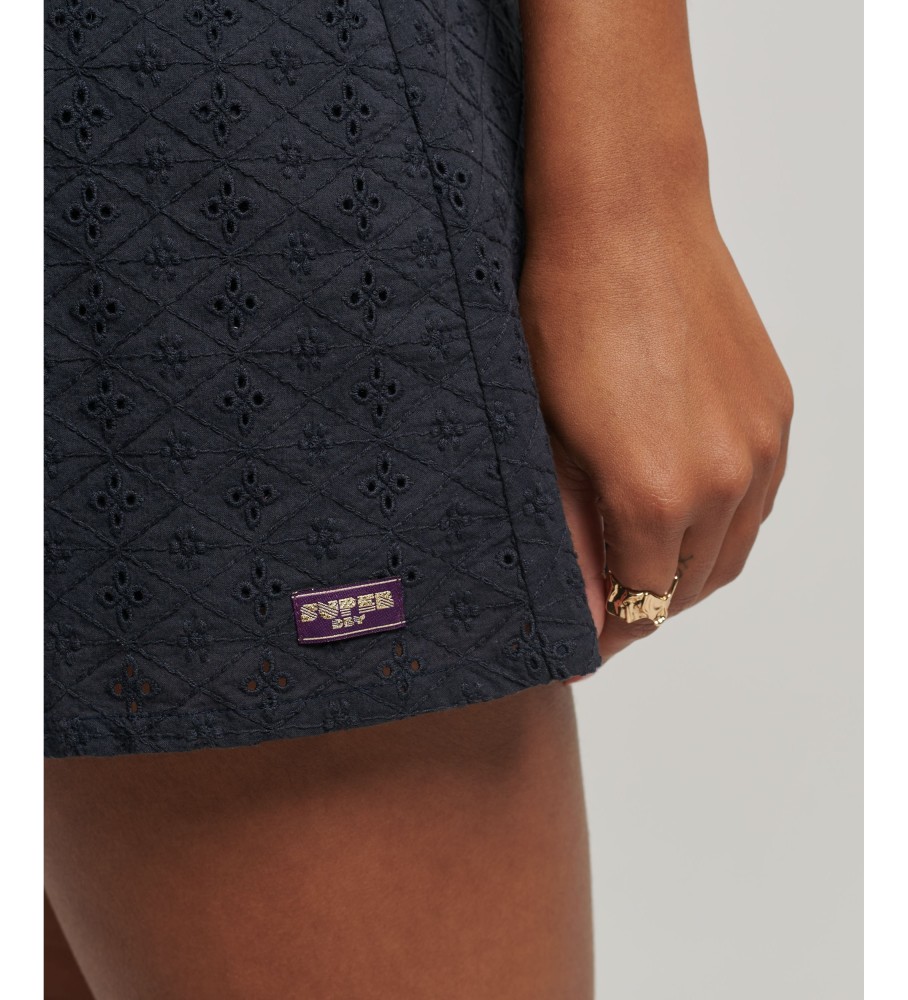 Vestido curto Superdry Vintage Broderie com detalhes vazados em azul marinho escuro.