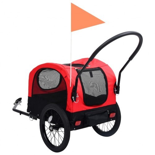 Reboque vermelho para bicicletas, ideal para animais de estimação.