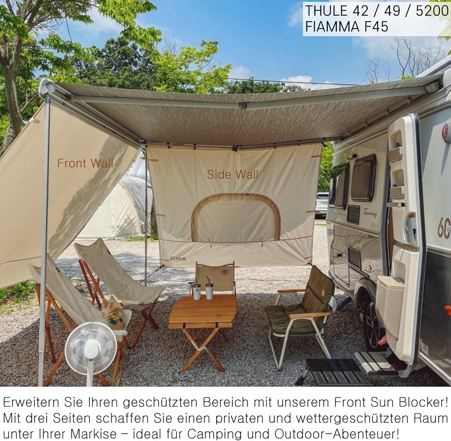 AIRIS Sun Blocker für Markise – Wohnmobil Seitenwand, effektiver Sicht- & Sonnenschutz, wasserabweisend, kompatibel mit Fiamma & Thule, 2er-Set (Fiamma F45, Thule 42, 49, 5200 Mit Fenster)