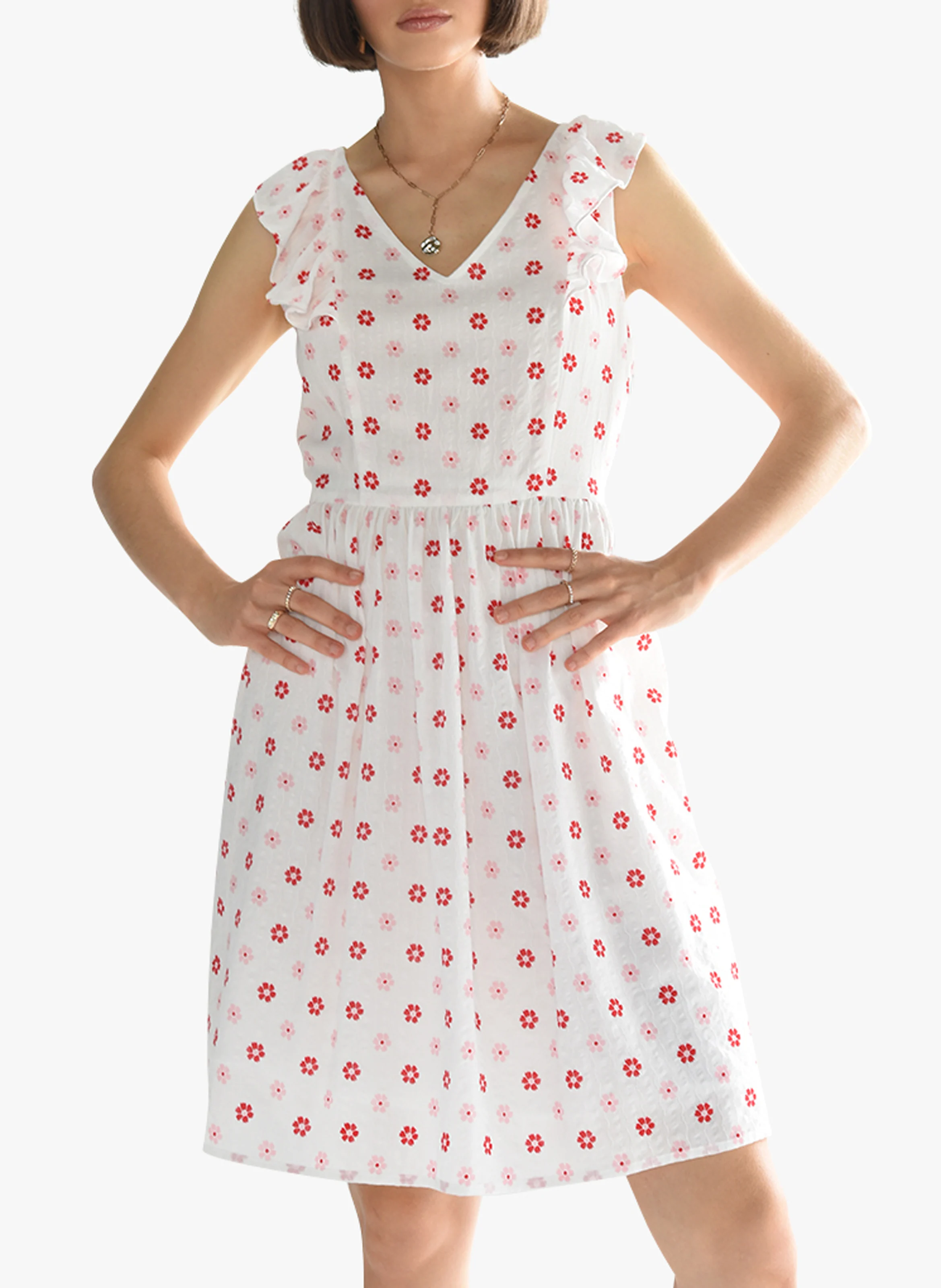Robe courte col V imprimée fleuri en coton | Blanc