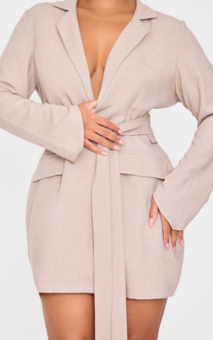Gris Pierre Robe Blazer Tissée Avec Ceinture Grande Taille