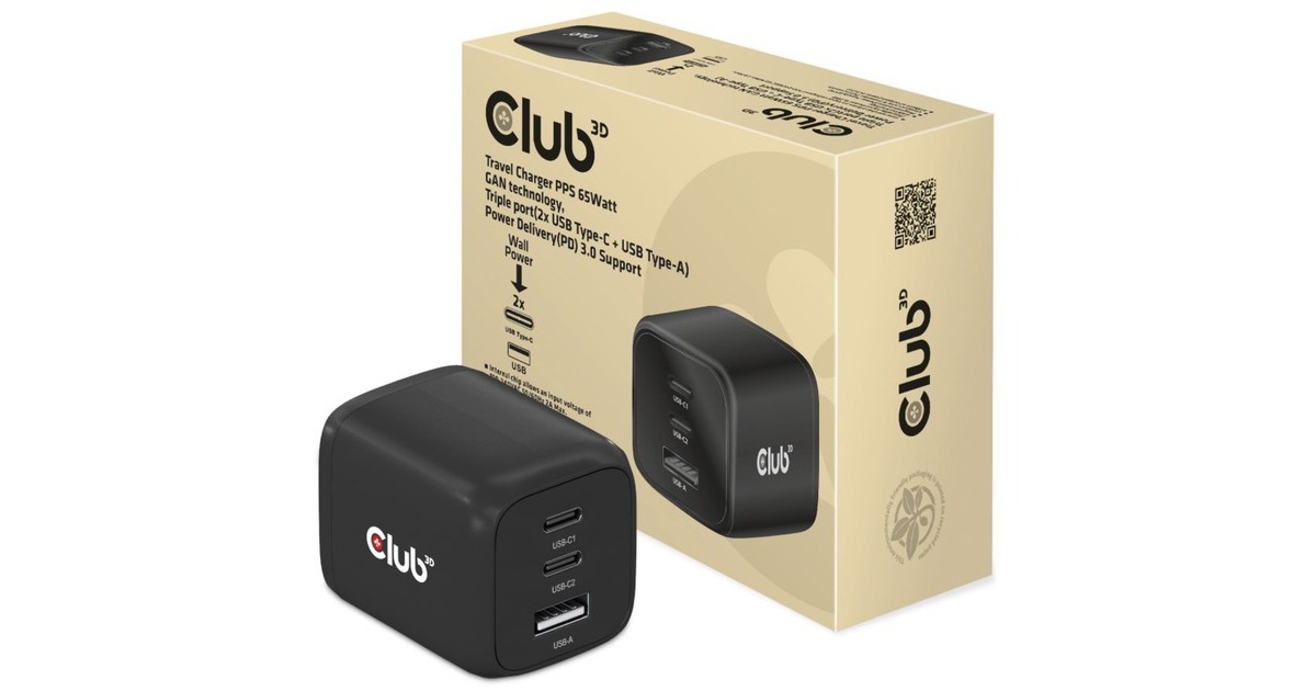 Club 3DTravel Charger 65W GaN  (Zwart)