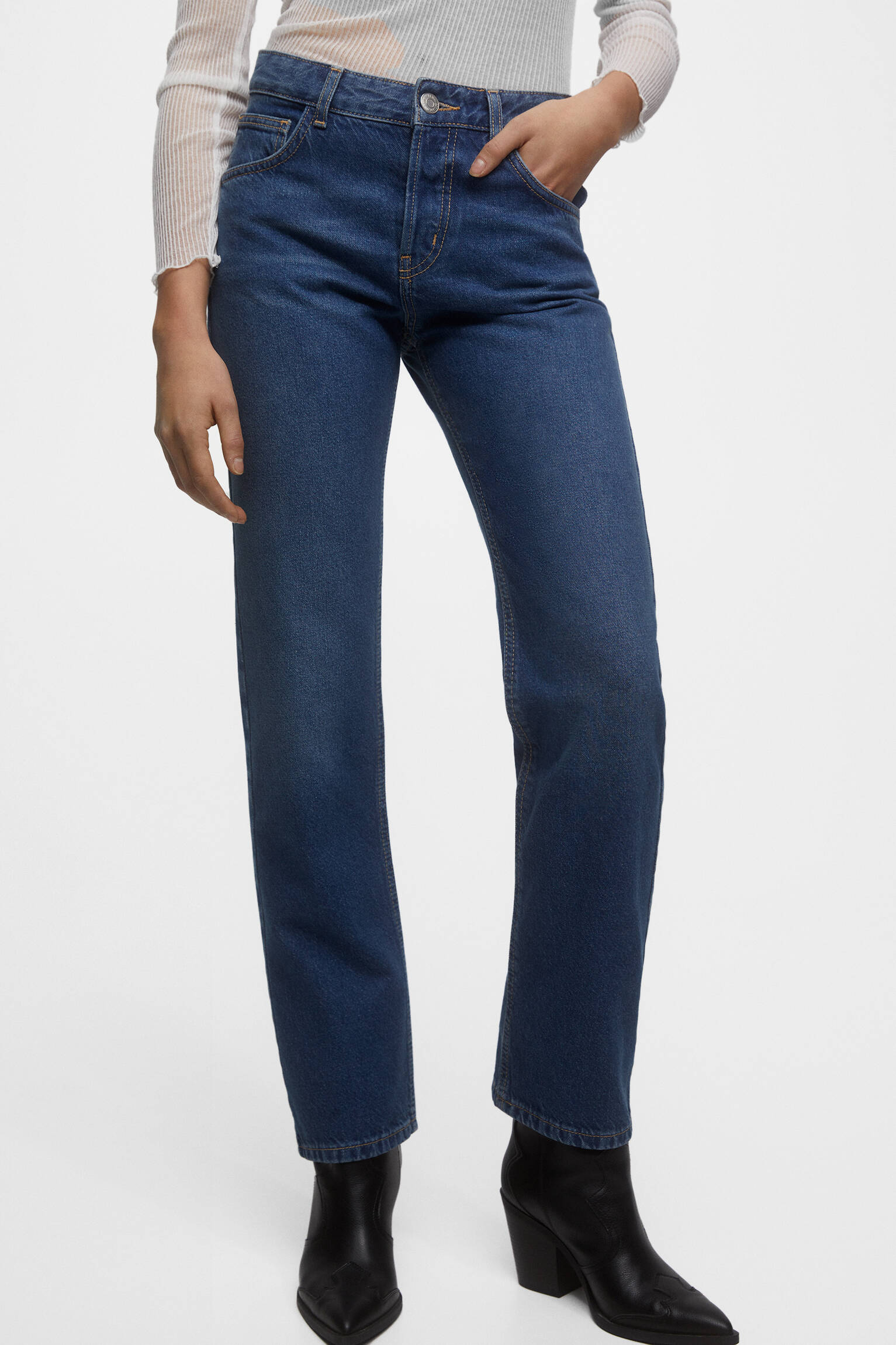CALÇA JEANS RETA DE CINTURA BAIXA - AZUL MÉDIO