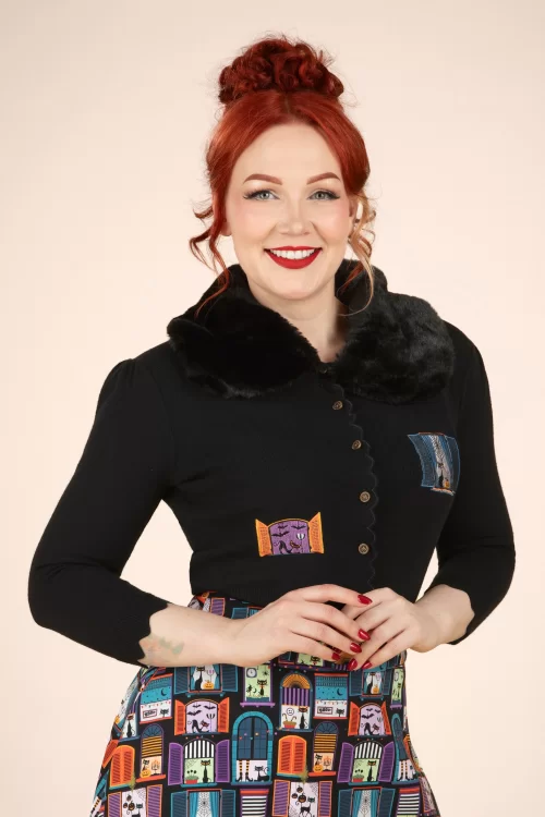 Banned Retro Window Cat cardigan in zwart