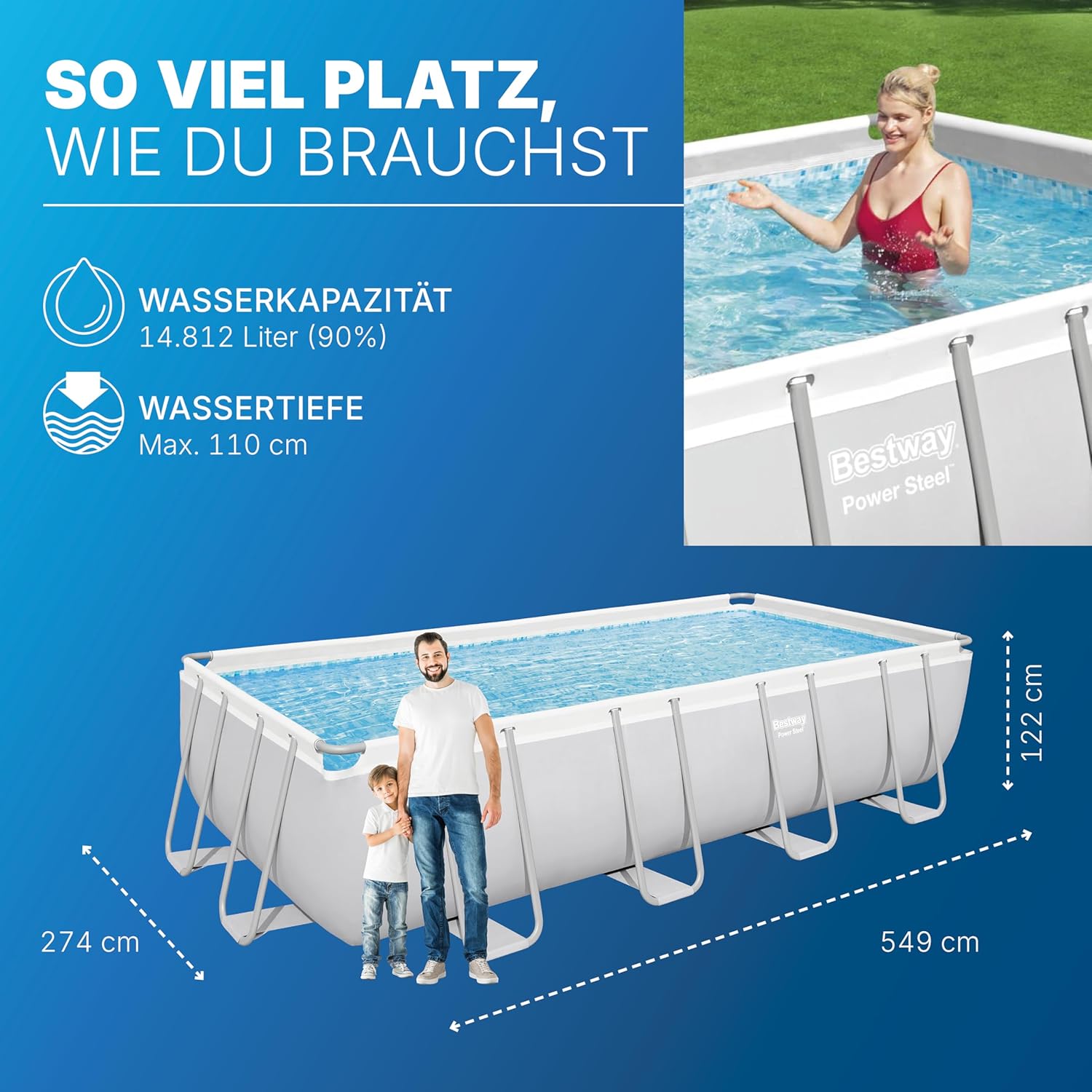Bestway Power Steel Frame Pool Komplett-Set mit Sandfilteranlage 549 x 274 x 122 cm, lichtgrau, eckig