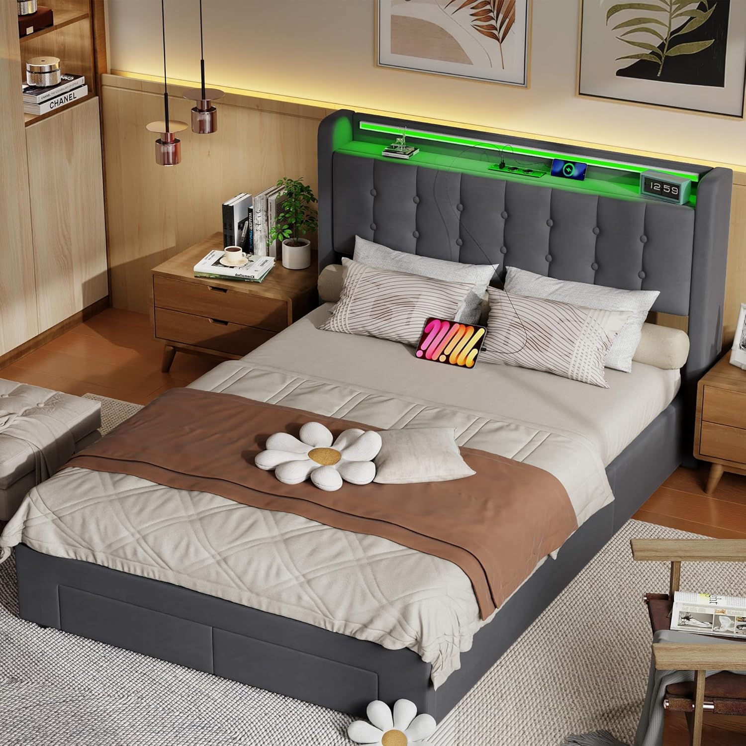 okwish Polsterbett 140x200 cm mit Bettkasten und Schublade, gepolstertes Kopfteil mit LED & USB und Stauraum, Bettgestell mit Lattenrost, Samt Dunkelgrau, als Jugendbett geeignet (ohne Matratze)
