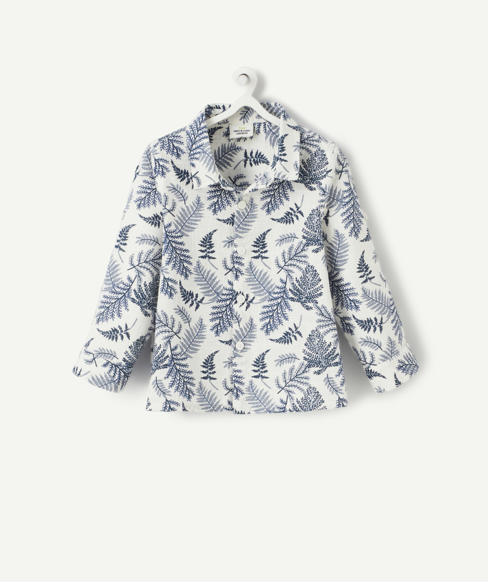 CHEMISE BÉBÉ GARÇON EN LIN BLANC ET IMPRIMÉ FEUILLES BLEUES