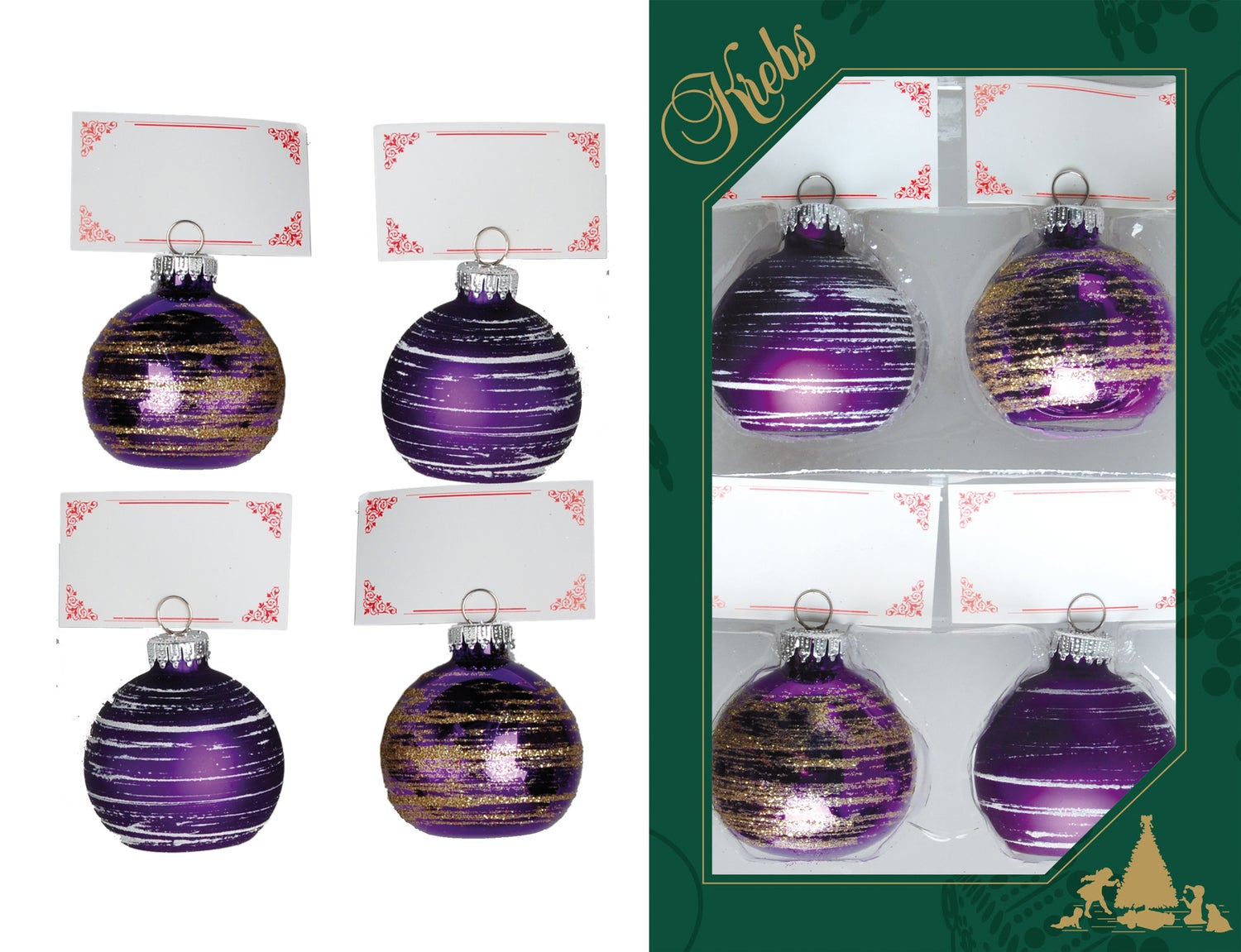 Paarse glanzende/matte glazen ballen van 5 cm als plaatskaarthouders (4 stuks), kerstballen, kerstversieringen, kerstversieringen