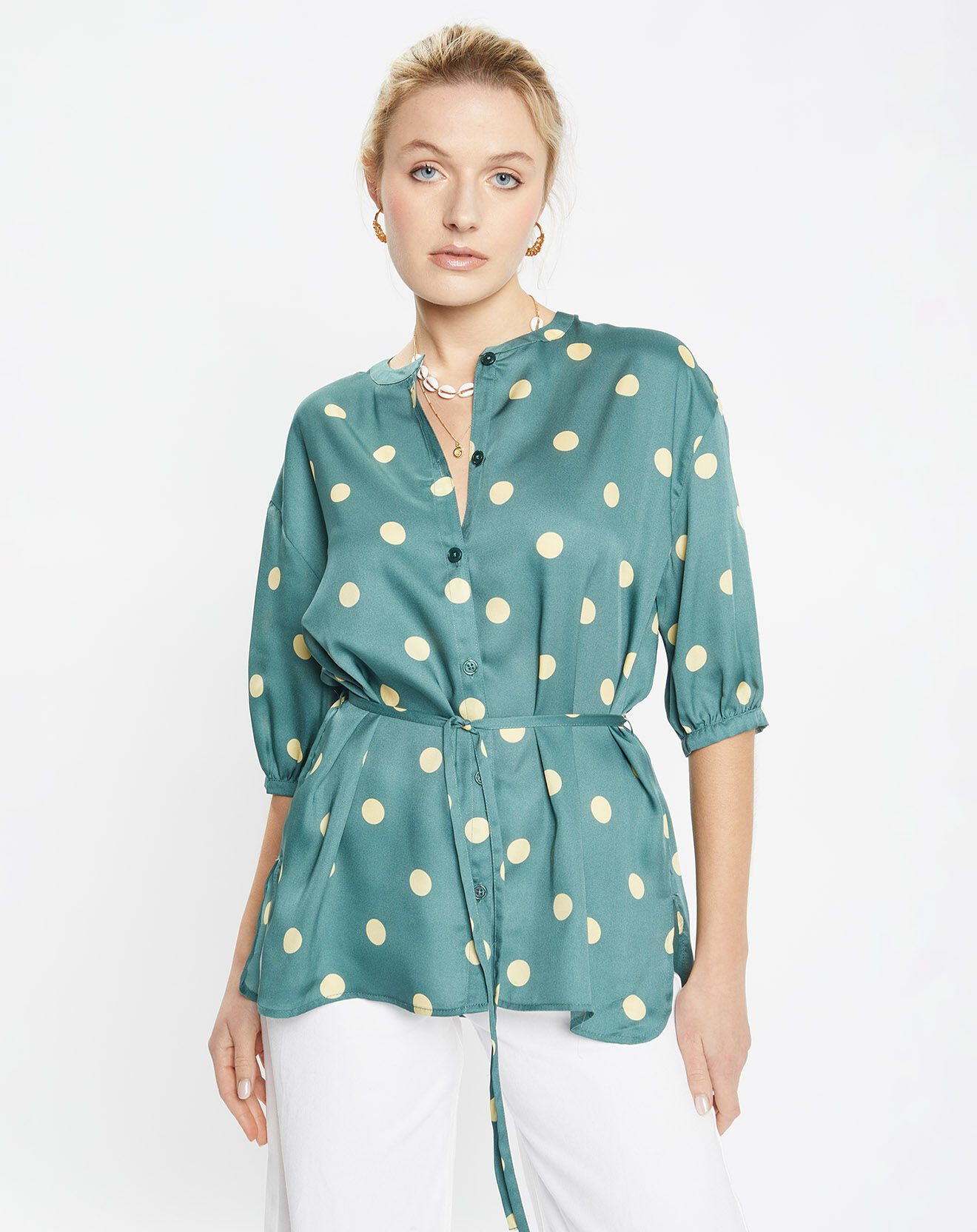 Jodhpur Top effet satiné Matis à pois vert