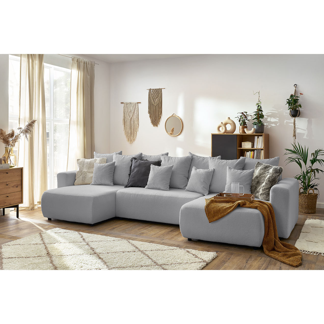 Bobochic Canapé panoramique convertible coffre bouclette envy gris clair - 386x153x95 cm
