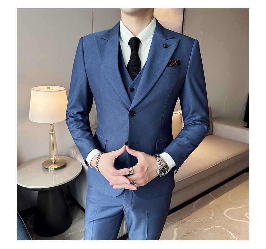 Deepwood - Set: effen enkelrijs blazer + vest + rechte pantalon