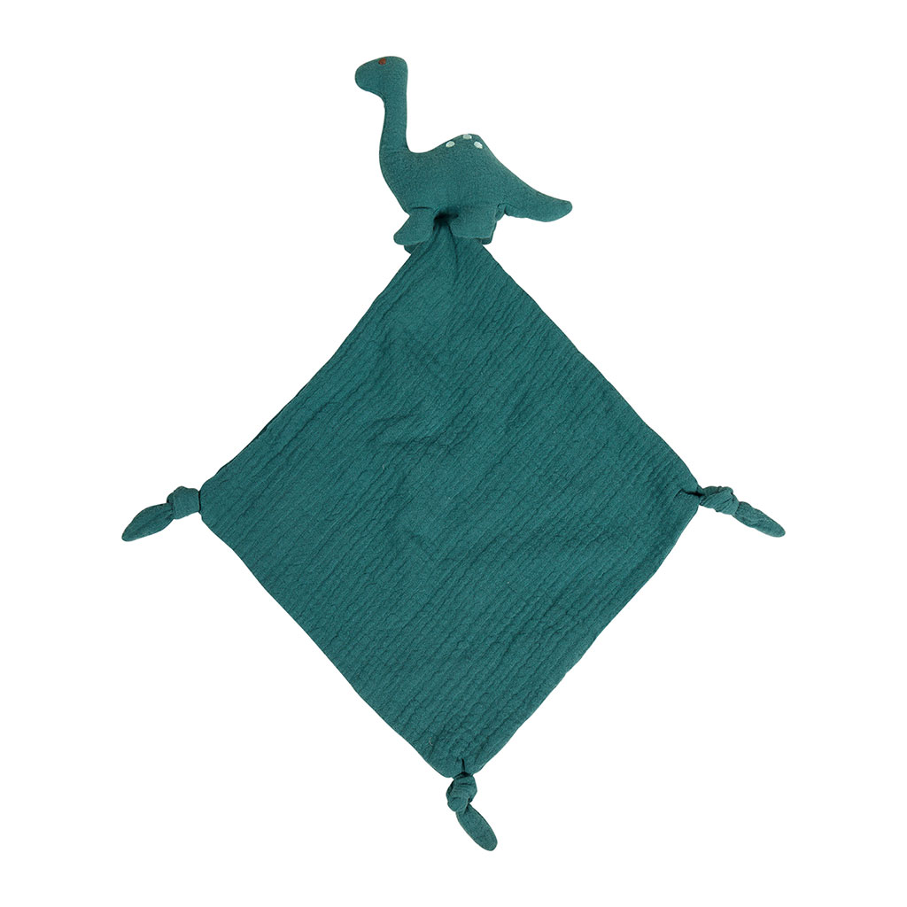 Doudou mouchoir coton dinosaure vert 28x28cm