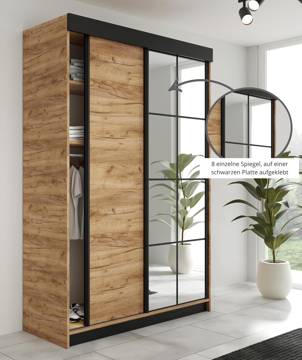 KIER FURNITURE Schiebegarderobe LAMARO mit Spiegel - Schrank Schlafzimmer - Schlafzimmerschrank - Wardrobe Bedroom - Kleiderschränke - Kleiderschrank - 200x205x59cm - Schwarz