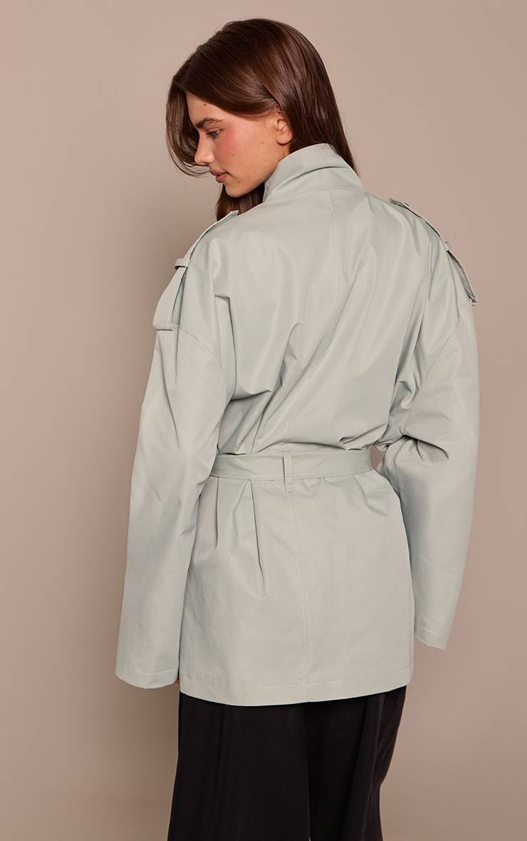 Vert Sauge Trench-coat Midi À Col Entonnoir Avec Ceinture À Nouer