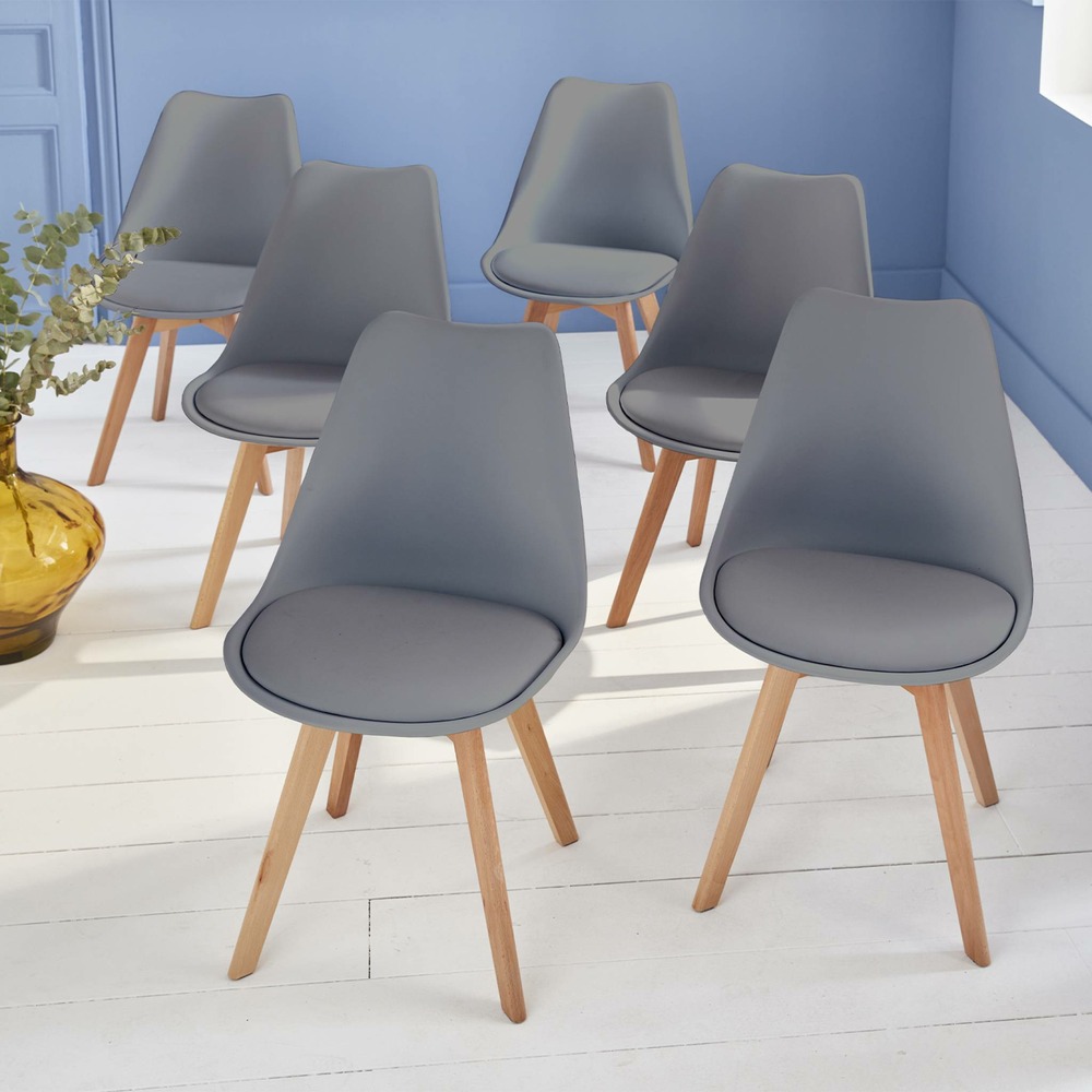 Lot de 6 chaises scandinaves. Pieds bois de hêtre. Chaises 1 place. Gris