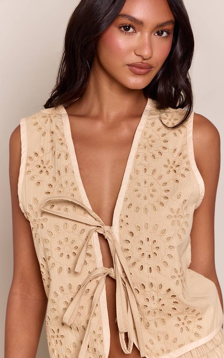 Taupe Ensemble Coordonné Gilet Sans Manches En Coton Broderie Anglaise À Nouer Devant