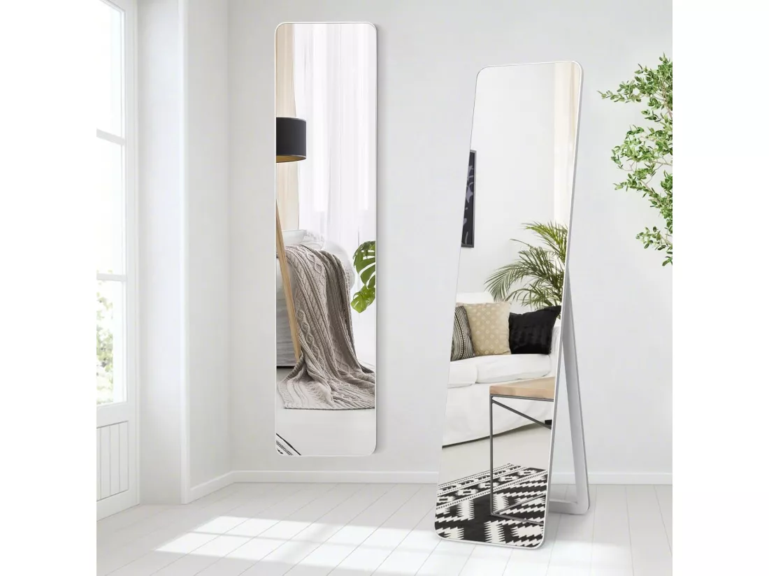 Miroir sur Pied Rectangulaire, Miroir Mural en Style Contemporain, Bord Rond, pour Chambre, Salon, Salle de Bain, 160 x 37cm, Blanc