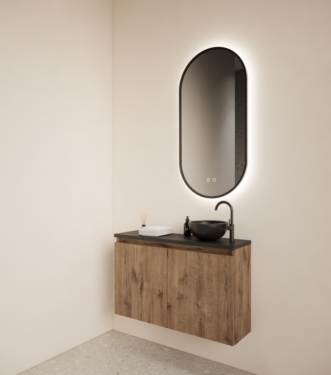 Gliss Design Echo toiletmeubel 80cm wellington oak met toppaneel zwart mat