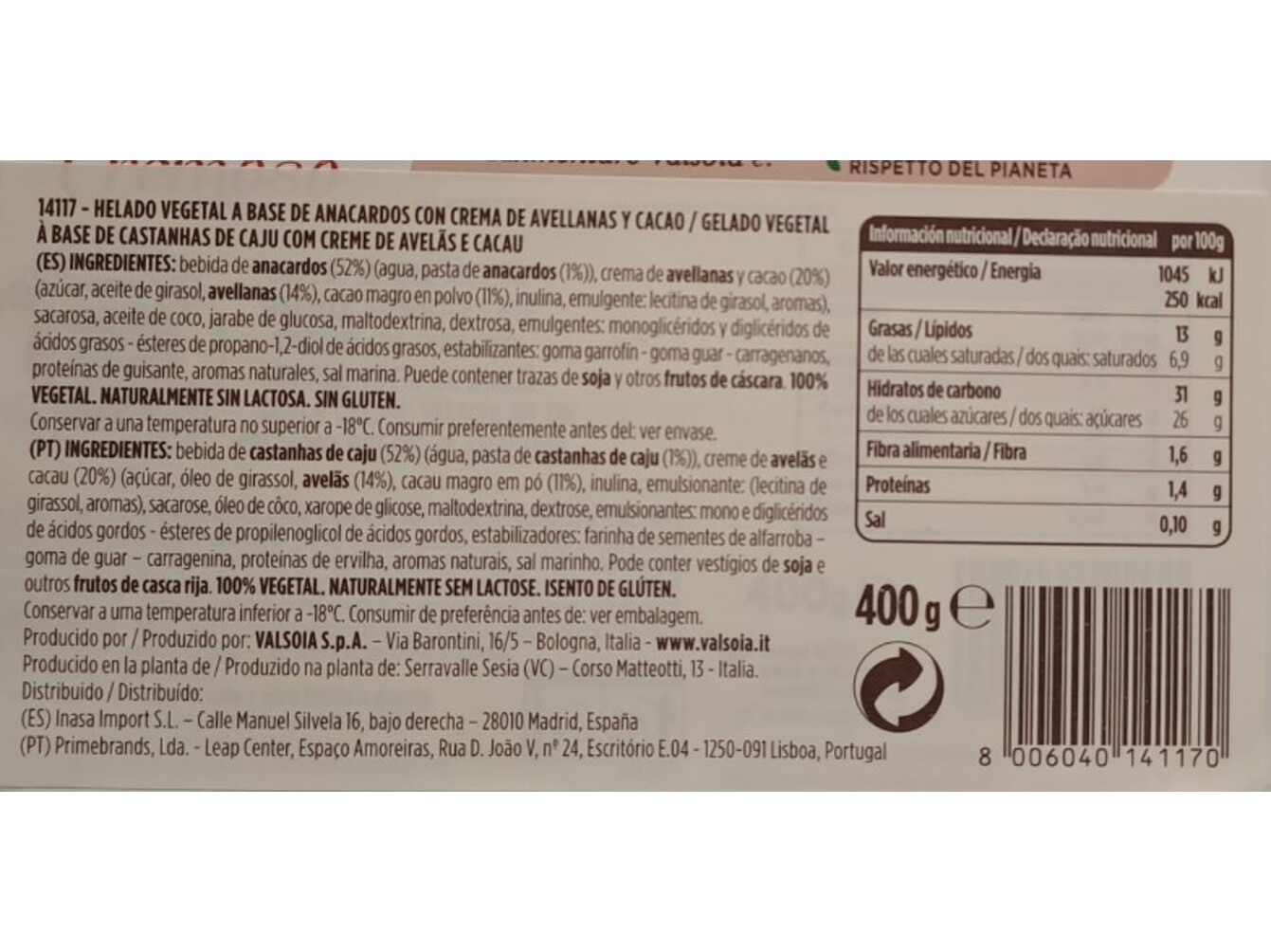 GELADO VEGAN VALSOIA CHOCOLATE E AVELÃS 400G